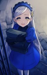 Rule 34 | 10s, 1girl, blonde hair, blue dress, blue hairband, book, bug, butterfly, butterfly hair ornament, carrying, dress, elbow gloves, enmto, facing viewer, floor, gloves, hair ornament, hairband, happy, holding, holding book, insect, lavenza (persona 5), long hair, looking at viewer, open mouth, persona, persona 5, platinum blonde hair, skirt, smile, solo, spoilers, standing, teeth, tongue, very long hair, yellow eyes