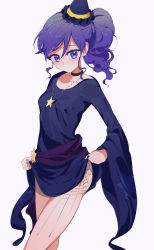 Rule 34 | 1girl, aikatsu!, aikatsu! (series), black choker, black dress, black headband, blue eyes, blue hair, blue nails, choker, closed mouth, clothes lift, cowboy shot, dress, dress lift, grey background, halloween costume, hat, headband, highres, jewelry, kiriya aoi, lifted by self, light blush, light frown, long sleeves, looking at viewer, mini hat, mini witch hat, nail polish, necklace, short dress, side ponytail, sidelocks, simple background, solo, spider web print, spider web tattoo, standing, star (symbol), star necklace, swept bangs, tattoo, thighs, wavy hair, wide sleeves, witch, witch hat, yamamura saki