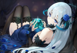 Rule 34 | 1girl, aqua hair, black thighhighs, blue dress, blue eyes, blue flower, blue rose, breasts, bridal gauntlets, commentary, detached sleeves, dress, flower, full body, garter straps, gem, hair between eyes, hair flower, hair ornament, hieung, highres, horns, long hair, looking at viewer, looking back, lying, medium breasts, on back, original, petals, pointy ears, rose, signature, skull, solo, sparkle, symbol-only commentary, thighhighs