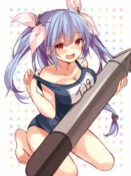 Rule 34 | 10s, 1girl, bare shoulders, blue hair, breasts, collarbone, hair ribbon, holding, i-19 (kancolle), kantai collection, looking at viewer, name tag, one-piece swimsuit, open mouth, red eyes, ribbon, school swimsuit, shiromikan, solo, strap pull, swimsuit, torpedo, tri tails