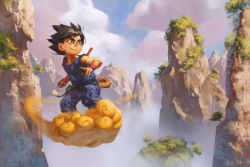Rule 34 | 1boy, black hair, cloud, dragon ball, eyebrows, flying nimbus, ian macdonald, male focus, monkey tail, mountain, muscular, over shoulder, sleeveless, son goku, staff, tail, thick eyebrows, weapon, weapon over shoulder, whorled clouds