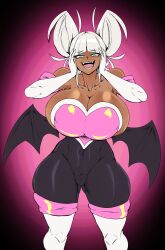 Rule 34 | 1girl, alternate hairstyle, alternate skin color, bare shoulders, bat wings, black bodysuit, blunt bangs, blush, bodysuit, boku no hero academia, boots, breasts, cameltoe, cleavage, collarbone, cosplay, covered navel, crossover, curvy, dark-skinned female, dark skin, double bun, elbow gloves, eyeshadow, fangs, gloves, green eyes, hair bun, highres, huge breasts, looking at viewer, makeup, open mouth, rouge the bat (cosplay), simple background, skin tight, smile, solo, sonic (series), thecon, thick thighs, thigh boots, thighs, toga himiko, white gloves, white hair, wide hips, wings