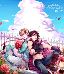 Rule 34 | 2boys, akiae (hayj14), alcohol, back-to-back, blonde hair, blue eyes, blue sky, boots, bottle, brown footwear, brown hair, caesar anthonio zeppeli, cake, candy, chocolate, chocolate heart, cloud, crop top, cup, day, drinking glass, fingerless gloves, flower, food, food on face, fruit, gate, gloves, green eyes, headband, heart, holding, holding flower, jojo no kimyou na bouken, joseph joestar, joseph joestar (young), knee pads, macaron, male focus, midriff, multiple boys, open mouth, rose, scarf, sky, smile, strawberry, tongue, tongue out, wine, wine bottle, wine glass, winged hair ornament