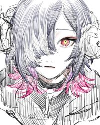 Rule 34 | 1boy, black choker, choker, closed mouth, diamond-shaped pupils, diamond (shape), grey background, grey hair, hair over one eye, highres, horns, indie virtual youtuber, looking at viewer, male focus, multicolored eyes, multicolored hair, purple hair, red eyes, red hair, rit3set, simple background, sketch, solo, symbol-shaped pupils, upper body, virtual youtuber, yellow eyes