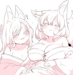 Rule 34 | 2girls, animal ears, breasts, cleavage, done (donezumi), femdom, flat chest, fox ears, highres, huge breasts, japanese clothes, multiple girls, smile
