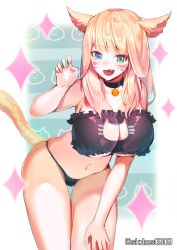 Rule 34 | 10s, 1girl, animal ears, bad id, bad pixiv id, bell, blonde hair, blue eyes, blush, breasts, cat ears, cat lingerie, cat tail, choker, cleavage, cleavage cutout, clothing cutout, facial mark, fangs, final fantasy, final fantasy xiv, green eyes, heterochromia, highres, jingle bell, large breasts, leaning forward, long hair, looking at viewer, meme attire, miqo&#039;te, naeun (pinky1866), navel, open mouth, simple background, smile, solo, tail, twitter username