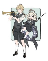 Rule 34 | 1boy, 1girl, aether (genshin impact), alternate costume, black footwear, black gloves, black neckwear, black shorts, black vest, blonde hair, bow, bowtie, braid, genshin impact, gloves, grey hair, hair between eyes, halo, highres, holding, holding instrument, instrument, long hair, long sleeves, necktie, open mouth, paimon (genshin impact), shirt, shorts, simple background, single braid, spring2013, standing, traditional bowtie, trumpet, two-tone background, vest, white hair, white legwear, white shirt, yellow eyes