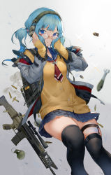 Rule 34 | 1girl, assault rifle, backpack, bag, bandaid, bandaid on face, bandaid on nose, black thighhighs, blue eyes, blue hair, blue nails, blue sailor collar, blue skirt, bomb, breasts, brown cardigan, bullet, cardigan, closed mouth, commentary request, ear protection, explosive, eyebrows hidden by hair, fn scar, glasses, grenade, grey jacket, gun, hands on own face, hands up, highres, jacket, long hair, long sleeves, looking at viewer, nail polish, neckerchief, open clothes, open jacket, original, pleated skirt, red-framed eyewear, red neckerchief, rifle, sailor collar, school uniform, scope, serafuku, shirt, skirt, sleeves past wrists, small breasts, solo, sparkle, thighhighs, twintails, weapon, white shirt, yamano (yamanoh)