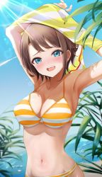 Rule 34 | 1girl, absurdres, armpits, arms up, bikini, blue eyes, blue sky, blush, breasts, brown hair, cleavage, day, highres, hololive, large breasts, looking at viewer, medium breasts, nail polish, navel, oozora subaru, oozora subaru (hololive summer 2019), open mouth, outdoors, plant, shirt, short hair, sky, solo, stomach, striped bikini, striped clothes, striped shirt, swimsuit, towrituka, undressing, upper body, virtual youtuber, wet