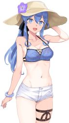 Rule 34 | 1girl, :d, arm up, bare arms, bare shoulders, blue eyes, blue hair, bracelet, breasts, cleavage, collarbone, commentary request, cowboy shot, flower, gotland (kancolle), hair between eyes, hat, hat flower, highres, jewelry, kantai collection, kumadano, leaf, long hair, looking at viewer, medium breasts, mole, mole under eye, navel, open mouth, short shorts, shorts, simple background, smile, solo, straw hat, sun hat, swimsuit, thigh strap, tree, white background