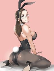 Rule 34 | 1girl, animal ears, artist name, ass, black leotard, black pantyhose, bow, bowtie, brown eyes, brown hair, commentary request, detached collar, earrings, fake animal ears, from behind, glasses, jewelry, leotard, long hair, miru tights, okuzumi yuiko, pantyhose, pink background, playboy bunny, rabbit ears, rabbit girl, rabbit tail, shibusun, simple background, smile, solo, strapless, strapless leotard, tail