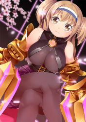 Rule 34 | 1girl, bare shoulders, belt, black pantyhose, breasts, brown eyes, brown hair, cherry blossoms, claws, cleavage, collar, commentary, cosplay, covered collarbone, crossed legs, dutch angle, fate/extra, fate (series), gauntlets, hairband, highres, i-26 (kancolle), kantai collection, large breasts, long hair, looking at viewer, o-ring, o-ring top, ogura yui (voice actress), pantyhose, passion lip (cosplay), passionlip (fate), passionlip (fate) (cosplay), petals, sitting, solo, two side up, voice actor connection, yasume yukito