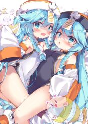 Rule 34 | 2girls, :d, absurdres, black dress, blue eyes, blue hair, blush, braid, breasts, chestnut mouth, commentary request, detached sleeves, dress, fang, hair between eyes, highres, jiangshi, long hair, long sleeves, looking at viewer, medium breasts, mita mita, multiple girls, near (sound voltex), noah (sound voltex), open mouth, sleeveless, sleeveless dress, sleeves past fingers, sleeves past wrists, smile, sound voltex, thick eyebrows, twin braids, two side up, very long hair, white dress