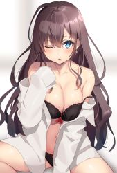 Rule 34 | 1girl, bare shoulders, black bra, black panties, blue eyes, bra, breasts, brown hair, cleavage, collarbone, commentary request, earrings, glint, hand up, highres, ichinose shiki, idolmaster, idolmaster cinderella girls, jewelry, large breasts, long hair, long sleeves, looking at viewer, navel, no pants, off shoulder, one eye closed, open clothes, open shirt, panties, parted lips, reinama, shirt, sidelocks, sitting, solo, underwear, wavy hair, white shirt