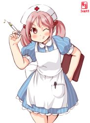 Rule 34 | 1girl, alternate costume, apron, artist logo, blue dress, clipboard, commentary request, cowboy shot, dated, dress, hair bobbles, hair ornament, hat, highres, kanon (kurogane knights), kantai collection, leaning forward, looking at viewer, nurse, nurse cap, one eye closed, pantyhose, pink hair, red eyes, sazanami (kancolle), short hair, simple background, solo, standing, striped clothes, striped dress, syringe, tongue, tongue out, twintails, white apron, white background, white pantyhose