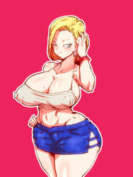 Rule 34 | 1girl, android 18, ass, blonde hair, blue eyes, blush, breasts, cleavage, covered erect nipples, curvy, dragon ball, dragon ball super, dragonball z, female focus, huge breasts, large breasts, looking at viewer, rickert kai, short hair, smile, solo, standing, thick thighs, thighs, wide hips