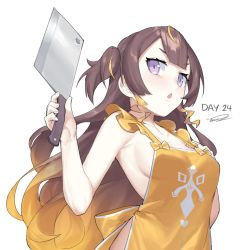 Rule 34 | 1girl, anya melfissa, apron, blonde hair, breasts, brown hair, dasdokter, gradient hair, highres, holding, holding knife, hololive, hololive indonesia, knife, long hair, looking at viewer, medium breasts, multicolored hair, naked apron, open mouth, purple eyes, simple background, solo, upper body, virtual youtuber, white background, yellow apron