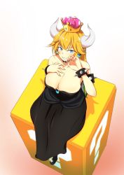 Rule 34 | 1girl, ? block, armlet, bare shoulders, black dress, blonde hair, blue eyes, bowsette, bracelet, breasts, cleavage, collar, crown, dress, earrings, fingernails, full body, hand on own chest, highres, horns, jewelry, large breasts, long fingernails, long hair, looking at viewer, manno (kanpi2100), mario (series), nintendo, ponytail, sharp teeth, sitting, solo, spiked bracelet, spiked collar, spikes, strapless, strapless dress, super crown, teeth, turtle shell