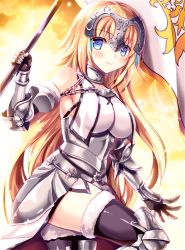 Rule 34 | 1girl, armor, armored boots, armored dress, banner, black thighhighs, blonde hair, blue eyes, blush, boots, breasts, breasts apart, chain, day, dress, fate/apocrypha, fate (series), floating hair, fukase ayaka, fur trim, gauntlets, hair ornament, holding, holding weapon, jeanne d&#039;arc (fate), jeanne d&#039;arc (ruler) (fate), jeanne d&#039;arc (third ascension) (fate), large breasts, leg up, long hair, looking at viewer, outdoors, shiny skin, sideboob, sleeveless, sleeveless dress, smile, solo, thighhighs, very long hair, weapon, white dress