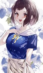 Rule 34 | 1girl, :d, arm behind back, bang dream!, blouse, blue shirt, blush, bow, breasts, brown eyes, brown hair, buttons, collarbone, commentary request, floral background, floral print, flower, hand on own chest, hazawa tsugumi, highres, looking at viewer, medium breasts, open mouth, sailor collar, sakurahara, shirt, shirt tucked in, short hair, sidelocks, skirt, smile, solo, swept bangs, teeth, twitter username, upper teeth only, white sailor collar, yellow bow, yellow skirt