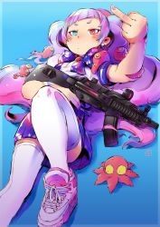 Rule 34 | 1girl, andrewcockroach, blue eyes, blush, character request, copyright request, gun, heterochromia, highres, leg up, long hair, lying, middle finger, nail polish, octopus, on back, pleated skirt, purple hair, purple skirt, red eyes, shoes, skirt, sneakers, solo, submachine gun, thighhighs, twintails, very long hair, weapon, white thighhighs, zettai ryouiki