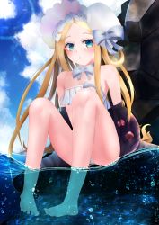 Rule 34 | 1girl, abigail williams (fate), abigail williams (swimsuit foreigner) (fate), bare shoulders, bikini, black jacket, blonde hair, blue eyes, blue sky, blush, bonnet, bow, breasts, fate/grand order, fate (series), forehead, hair bow, hair rings, highres, jacket, legs, long hair, looking at viewer, miniskirt, ocean, off shoulder, open clothes, open jacket, open mouth, parted bangs, rock, shirosaki (nanokait), sidelocks, sitting, skirt, sky, small breasts, solo, swimsuit, twintails, very long hair, white bikini, white bow, white headwear
