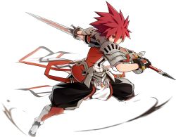 Rule 34 | 1boy, armor, black gloves, black pants, boots, closed mouth, elsword, elsword (character), full body, gloves, highres, holding, holding sword, holding weapon, hwansang, knee boots, lord knight (elsword), male focus, armored boots, official art, pants, pauldrons, red eyes, red hair, serious, shoulder armor, solo, spiked hair, surcoat, sword, transparent background, weapon