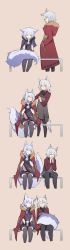 Rule 34 | 2girls, ^ ^, animal ears, arknights, black legwear, blood, blue hair, closed eyes, cup, closed eyes, fluffy, from side, gloves, grey hair, head tilt, highres, hot drink, jacket, unworn jacket, large tail, long hair, multiple girls, nian (zhanian), nosebleed, pantyhose, projekt red (arknights), provence (arknights), sitting, smile, standing, tail, tail wrap, thighhighs, wolf ears, wolf girl, wolf tail, yellow eyes