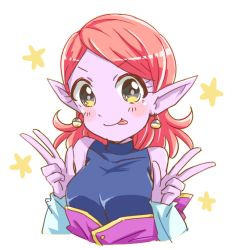 Rule 34 | 1girl, artist request, blush, chronoa, colored skin, dragon ball, dragon ball xenoverse, earrings, jewelry, looking at viewer, pink hair, pointy ears, purple skin, supreme kai of time, v