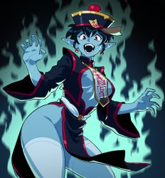 Rule 34 | 1girl, belt, black hair, blue skin, breasts, chinese clothes, colored skin, copyright request, earrings, fangs, hair between eyes, hat, hat ornament, highres, jewelry, jiangshi, leaning forward, long sleeves, looking at viewer, medium breasts, nipple slip, nipples, ofuda, open mouth, pointy ears, short hair, smile, solo, steam, suoiresnu, teeth, thighhighs, white belt, white thighhighs