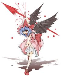 Rule 34 | 1girl, bloomers, blue hair, fang, female focus, foreshortening, full body, hat, highres, outstretched arms, red eyes, remilia scarlet, shadow, shigurio, short hair, simple background, solo, spear the gungnir, standing, standing on one leg, torn wings, touhou, underwear, wings