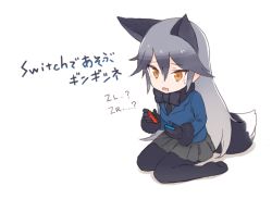 Rule 34 | 10s, 1girl, animal ears, black bow, black gloves, black necktie, black pantyhose, black scarf, blazer, blue jacket, bow, brown eyes, character name, chibi, d:, dot nose, fox ears, fox tail, full body, fur-trimmed sleeves, fur trim, gloves, gradient hair, grey hair, hair between eyes, handheld game console, holding, jacket, kemono friends, long hair, long sleeves, looking away, multicolored hair, necktie, nintendo switch, no shoes, open mouth, pantyhose, playing games, sasakure sasaru, scarf, shadow, silver fox (kemono friends), sitting, solo, sweat, tail, tsurime, wariza, white background