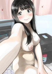 Rule 34 | 1girl, black eyes, black hair, blunt bangs, blush, breasts, chocoro (amato no ekaki), closed mouth, curtains, female pubic hair, foreshortening, highres, indoors, large breasts, long hair, looking at viewer, mole, mole on breast, mole under eye, navel, nipples, nude, original, outstretched arm, outstretched hand, panties, pubic hair, reaching, reaching towards viewer, selfie, shiny skin, sitting, smile, solo, stomach, striped clothes, striped panties, underwear, unworn panties
