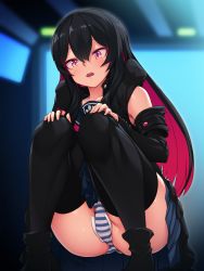 Rule 34 | 1girl, ankle boots, arata, ass, bare shoulders, black hair, black thighhighs, blouse, blue shirt, blurry, blush, boots, coat, depth of field, detached sleeves, embarrassed, genderswap, genderswap (mtf), highres, long hair, looking down, menstrual pad, multicolored hair, open mouth, panties, pantyshot, red eyes, red hair, ren (witch&#039;s weapon), school uniform, serafuku, shiny skin, shirt, skirt, solo, squatting, striped clothes, striped panties, thighhighs, tissue, two-tone hair, underwear, very long hair, witch&#039;s weapon