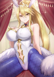 Rule 34 | 1girl, ahoge, animal ears, artoria pendragon (all), artoria pendragon (fate), artoria pendragon (swimsuit ruler) (fate), bare shoulders, blonde hair, blue necktie, blue pantyhose, blush, braid, breasts, cleavage, clothing cutout, commentary, detached collar, fake animal ears, fate/grand order, fate (series), feather boa, fishnet pantyhose, fishnets, french braid, green eyes, hair between eyes, highleg, highleg leotard, highres, kakeku, large breasts, leotard, long hair, looking at viewer, navel, navel cutout, necktie, pantyhose, playboy bunny, ponytail, rabbit ears, sidelocks, smile, solo, tiara, white leotard, wrist cuffs