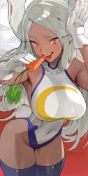 Rule 34 | 1girl, animal ears, bare shoulders, boku no hero academia, breasts, carrot, crescent print, dark-skinned female, dark skin, heattech leotard, highres, hood (james x), large breasts, leotard, long eyelashes, long hair, looking at viewer, mirko, open mouth, rabbit ears, rabbit girl, rabbit tail, red eyes, smile, solo, tail, taut leotard, thighhighs, thighs, turtleneck, white hair, white leotard