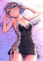 Rule 34 | 1girl, arms up, bare arms, bed, bed sheet, black bow, black panties, blue eyes, blush, bow, breasts, cleavage, collarbone, cross-laced clothes, floral print, from above, grey hair, lace trim, lingerie, looking at viewer, lying, negligee, on back, on bed, original, panties, parted lips, pillow, ryuinu, short hair, sleeveless, small breasts, underwear