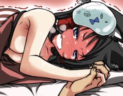 Rule 34 | 1girl, afterglow, animal ears, black hair, blush, breasts, cat ears, cirno, hakurei reimu, holding hands, looking at viewer, lying, mundane utility, off shoulder, on bed, on side, pov, pov across bed, short hair, sick, solo focus, sweat, tamuhi, touhou