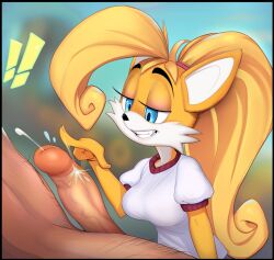 Rule 34 | 1girl, blue eyes, blurry, blurry background, coco bandicoot, crash bandicoot (series), faceless, faceless male, flick, furry, fusion, highres, large penis, penis, ponytail, sonic (series), tails (sonic), uncensored, yellow fur