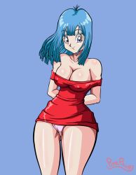 Rule 34 | 1girl, artist name, bare legs, bare shoulders, blue hair, breasts, curvy, dragon ball, dragonball z, dress, female focus, happy, highres, large breasts, long hair, looking at viewer, maron (dragon ball), nipples, panties, pantyshot, pinkpawg, red dress, shiny skin, simple background, smile, solo, standing, thick thighs, thighs, underwear