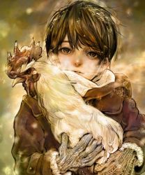 Rule 34 | 1boy, animal, bags under eyes, bird, black hair, blurry, blurry background, chicken, coat, gloves, holding, holding animal, looking at viewer, male focus, original, short hair, solo, tori no osugaya, winter clothes