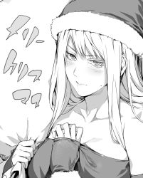 Rule 34 | 1girl, collarbone, frown, greyscale, hat, highres, irohara mitabi, lips, long hair, mole, monochrome, sack, santa hat, simple background, sleeves past wrists, upper body, wavy mouth, white background
