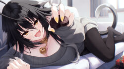 1girl :d absurdres ahoge animal_ear_fluff animal_ears bell black_collar black_hair black_pantyhose breasts cat_tail chocolate collar couch fang food grey_sweater hasumi_(hasubatake39) highres holding holding_chocolate holding_food indoors large_breasts long_hair long_sleeves lying neck_bell no_shoes on_couch on_side open_mouth original pantyhose setsuna_(hasumi_(hasubatake39)) smile solo sweater tail yellow_eyes yellow_nails