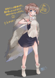 Rule 34 | 1girl, black dress, blue eyes, boots, breasts, brown hair, cloak, dannoura tomochika, dress, facial mark, full body, fur cloak, grey background, grey cloak, hair between eyes, highres, holding, holding knife, jewelry, knife, looking at viewer, naruse chisato, necklace, open mouth, shadow, signature, simple background, small breasts, sokushi cheat ga saikyou sugite isekai no yatsura ga marude aite ni naranai n desu ga, solo, standing, tooth necklace, translation request, twintails, white footwear