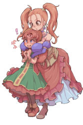 Rule 34 | 2girls, artist request, between breasts, blue eyes, blush, boots, bracelet, breasts, brown eyes, cleavage, crossover, dragon quest, dragon quest vii, dragon quest viii, dress, earrings, full body, head between breasts, highres, hug, huge breasts, jessica albert, jewelry, long hair, maribel (dq7), multiple girls, necklace, simple background, skirt, toyaken21, twintails, white background