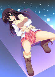 00s 1girl black_hair blush boots breasts female_focus gad_guard green_eyes highres hoppege long_hair lying no_panties plaid shinozuka_arashi solo spread_legs vest