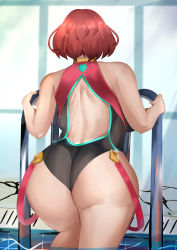 Rule 34 | 1girl, ahoge, ass, bare shoulders, breasts, competition swimsuit, from behind, highres, huge ass, kiskai, large breasts, one-piece swimsuit, pyra (pro swimmer) (xenoblade), pyra (xenoblade), red hair, shiny skin, short hair, solo, swimsuit, thick thighs, thighs, water, xenoblade chronicles (series), xenoblade chronicles 2