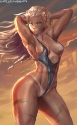 Rule 34 | 1girl, abs, aqua eyes, areola slip, armpits, arms up, artist name, bikini tan, blonde hair, breasts, breasts apart, cammy white, cloud, covered navel, cowboy shot, cutesexyrobutts, detached sleeves, facing viewer, highres, long hair, looking at viewer, medium breasts, muscular, muscular female, one-piece swimsuit, outdoors, partially visible vulva, revealing clothes, signature, sky, solo, standing, street fighter, swimsuit, tan, tanline, thick thighs, thighs, toned