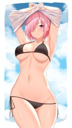 Rule 34 | 1girl, alternate costume, arind yudha, armpits, arms up, bare shoulders, bikini, black bikini, blush, breasts, cleavage, collarbone, fate/grand order, fate (series), groin, hair over one eye, highres, large breasts, light purple hair, looking at viewer, lowleg, mash kyrielight, navel, purple eyes, short hair, smile, solo, swimsuit, thighs, undressing, wet