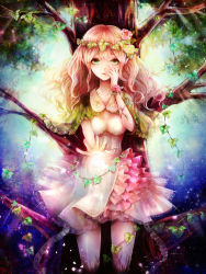 Rule 34 | 1girl, asymmetrical clothes, breasts, cape, clona, curly hair, dress, flower, frilled dress, frills, green eyes, hair flower, hair ornament, hand on own cheek, hand on own face, hand to own mouth, highres, light, long hair, medium breasts, original, outstretched hand, petals, pink hair, plant, pointy ears, rose, solo, standing, tree, vines, wreath
